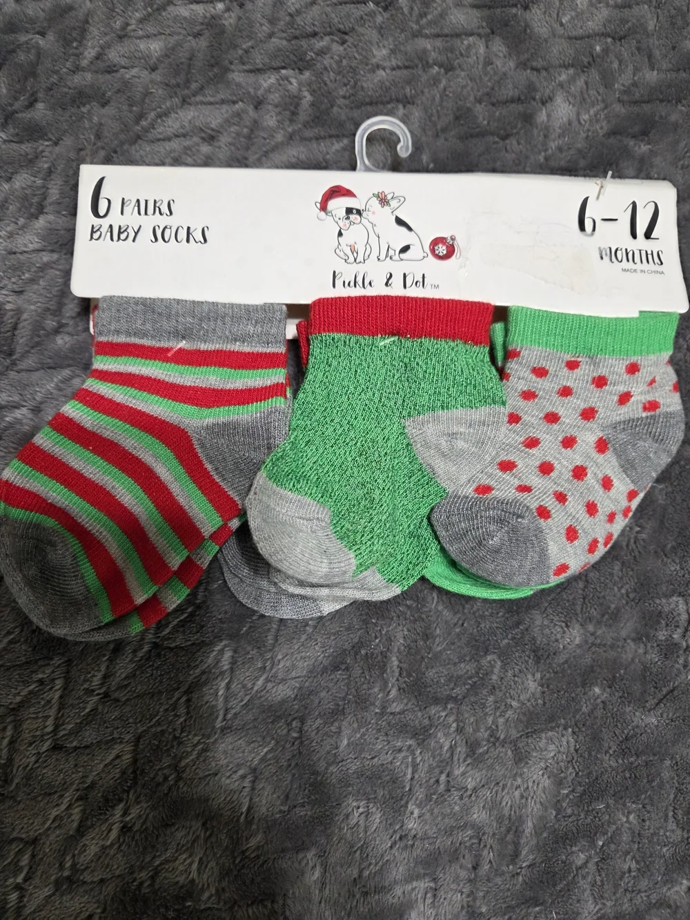 Baby Socks - Gray, Green & Red Holiday 6-Pack (6-12 Months)
